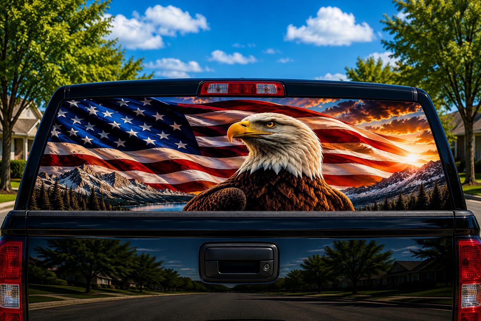 Eagle and Flag Sunset perforated rear-window decal installed on a pickup truck back glass