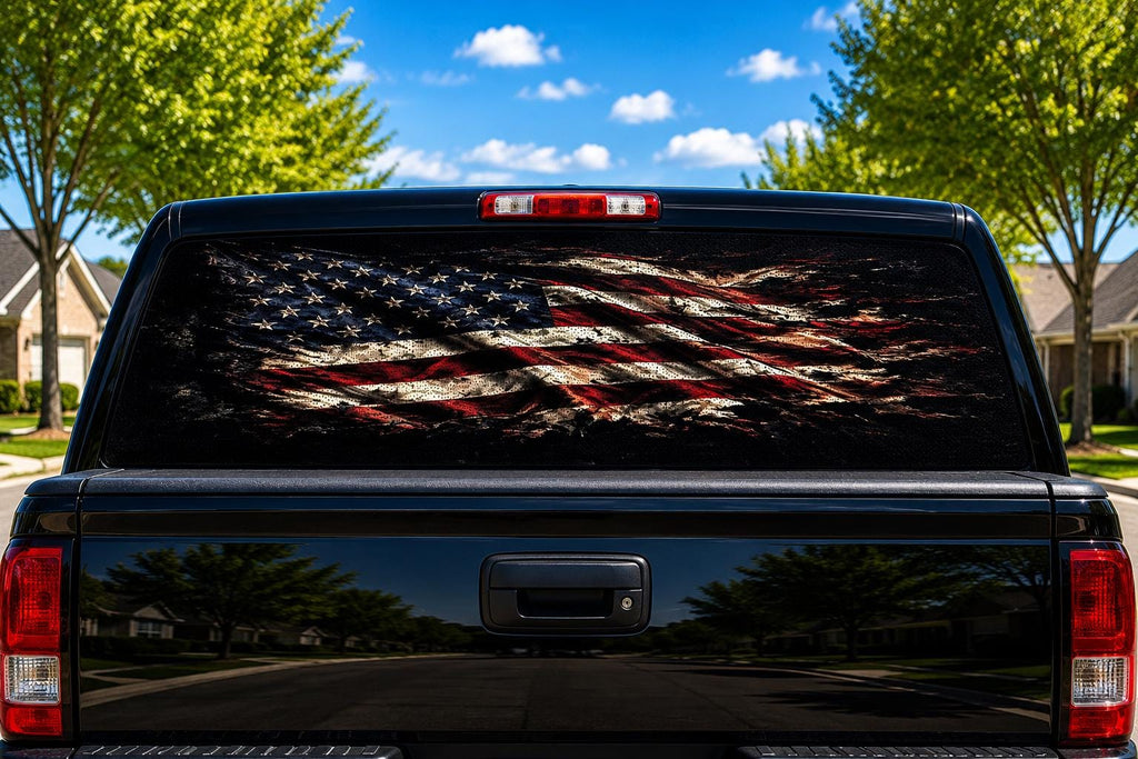 Distressed Flag on Black perforated rear-window decal installed on a pickup truck back glass