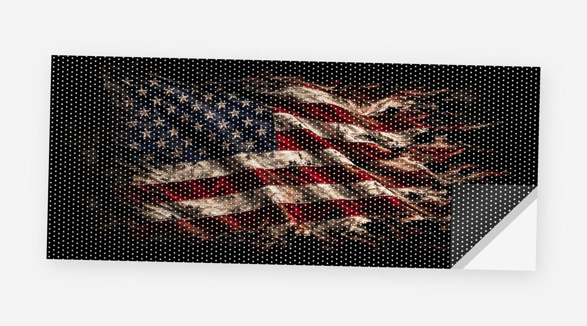 Distressed Flag on Black 68 x 18.5 inch perforated vinyl truck decal printed flat on white, corner folded up showing the perforation pattern and liner