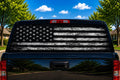 White Distressed Flag on Black perforated rear-window decal installed on a pickup truck back glass