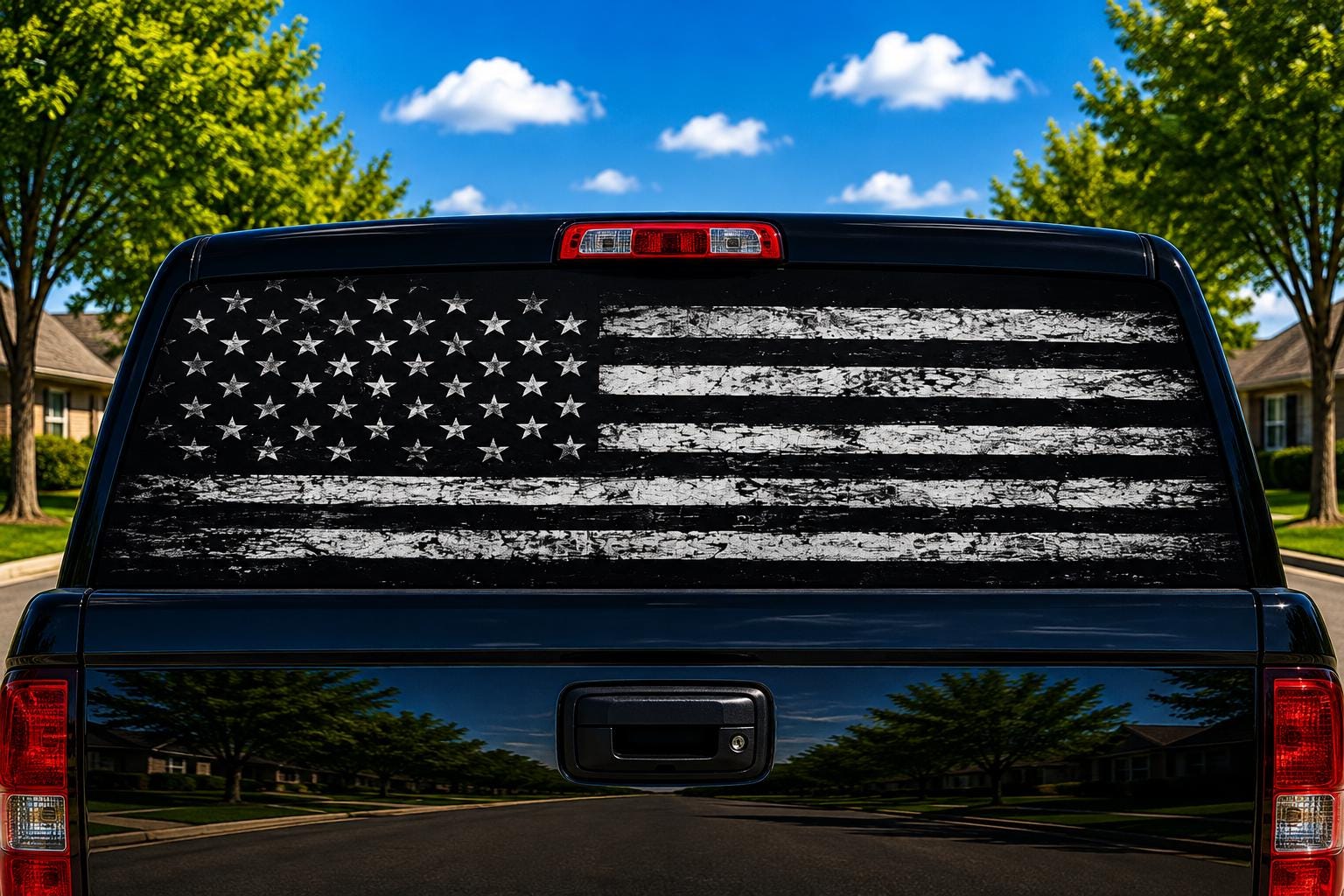 White Distressed Flag on Black perforated rear-window decal installed on a pickup truck back glass