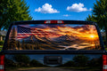 Flag Over the Valley perforated rear-window decal installed on a pickup truck back glass