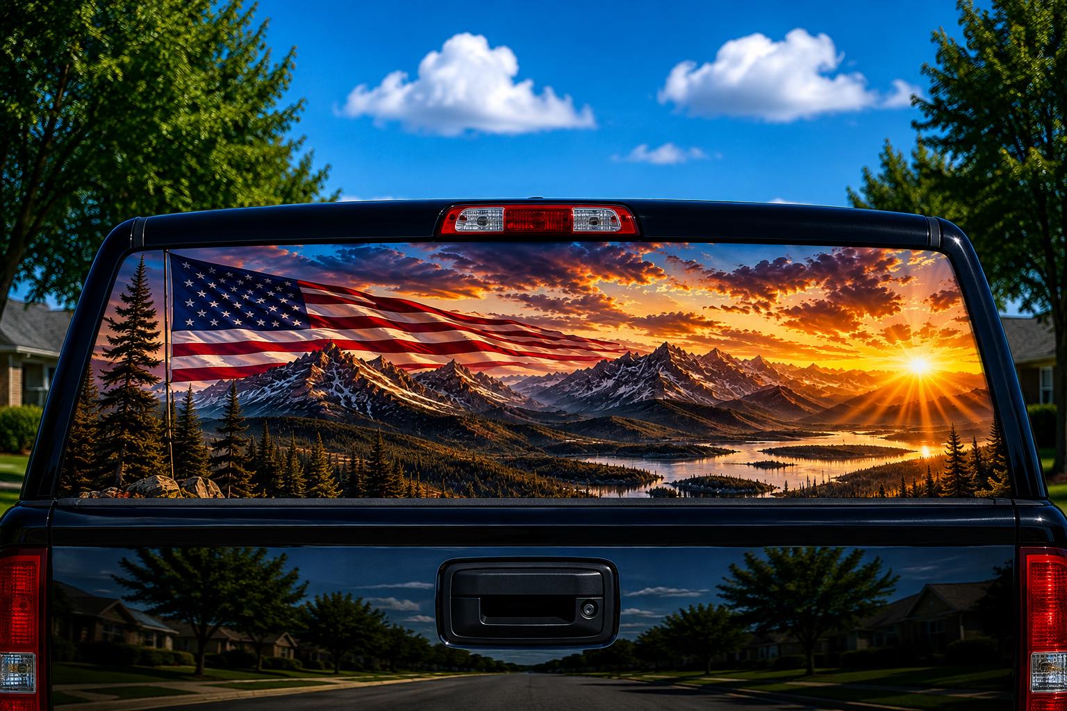 Flag Over the Valley perforated rear-window decal installed on a pickup truck back glass