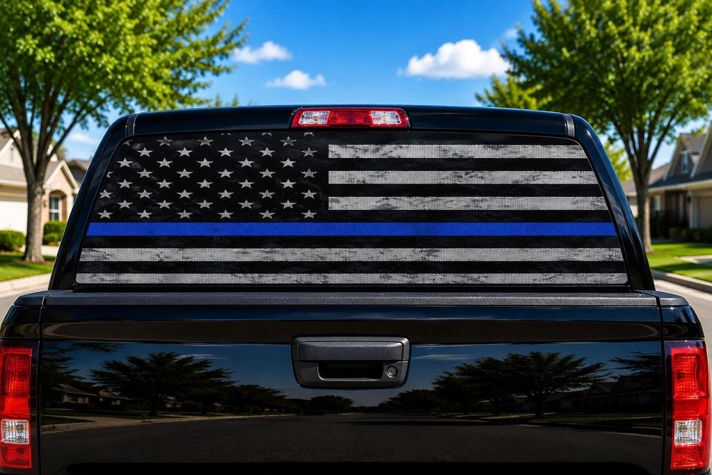 Thin Blue Line Flag perforated rear-window decal installed on a pickup truck back glass