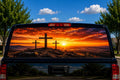 Three Crosses at Sunset perforated rear-window decal installed on a pickup truck back glass