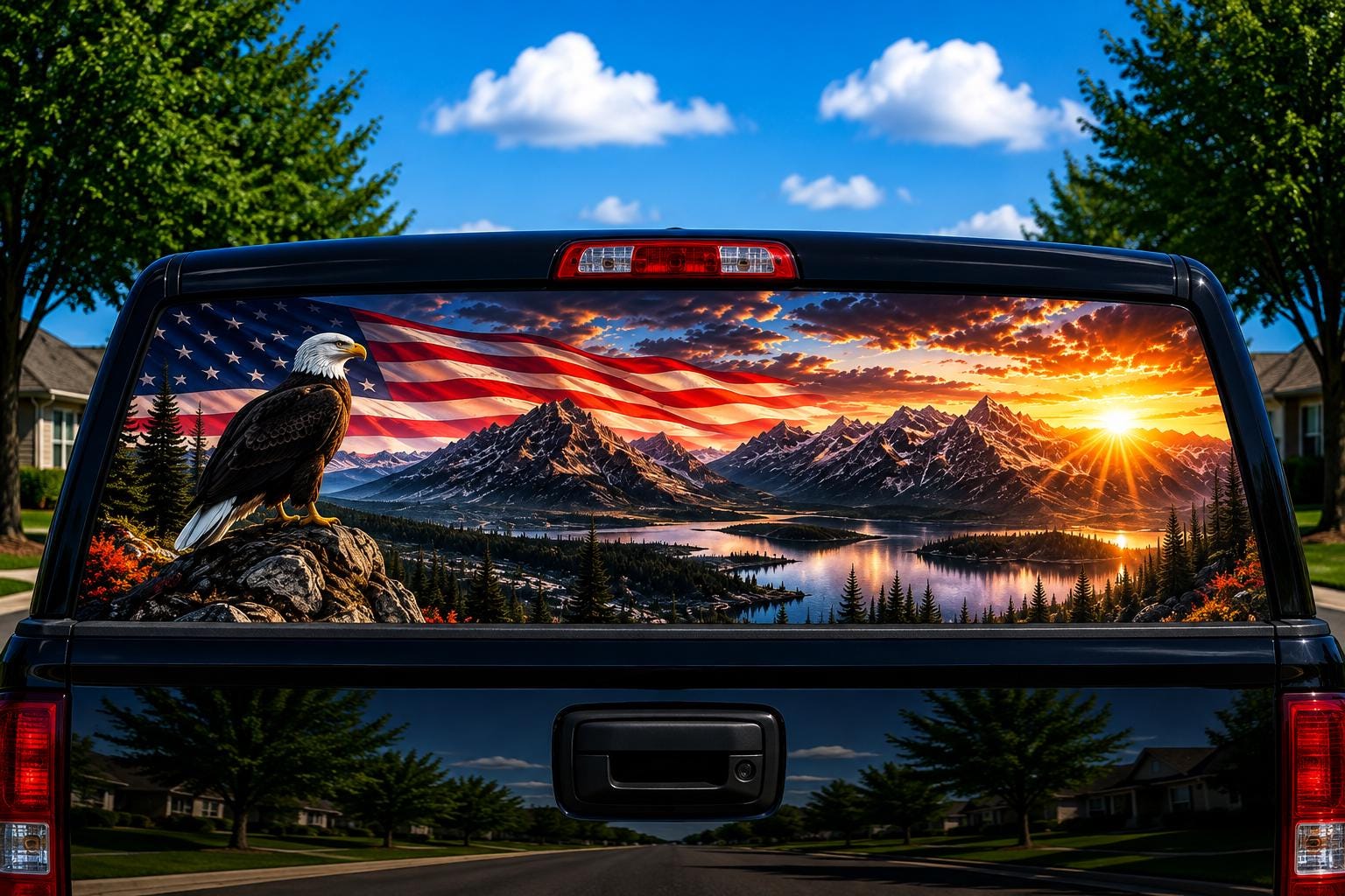 Eagle Flag Mountain Lake perforated rear-window decal installed on a pickup truck back glass