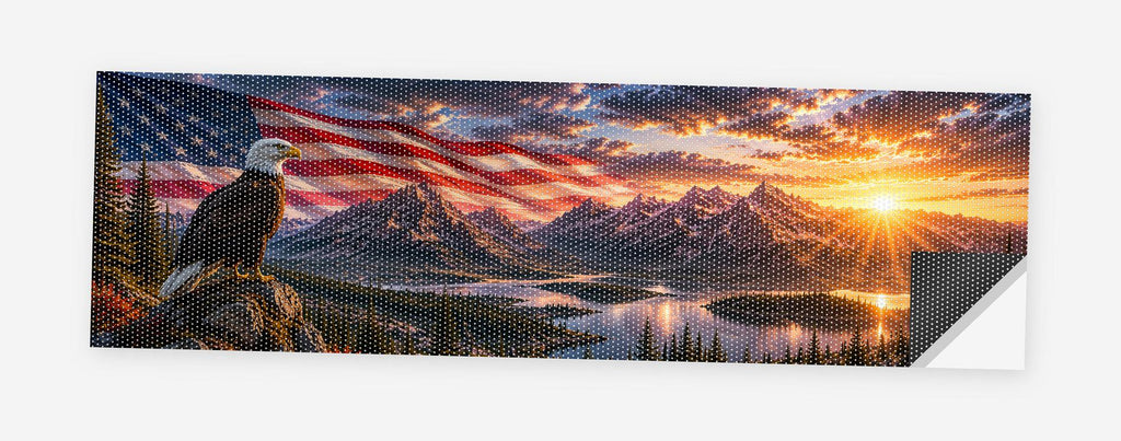 Eagle Flag Mountain Lake 68 x 18.5 inch perforated vinyl truck decal printed flat on white, corner folded up showing the perforation pattern and liner