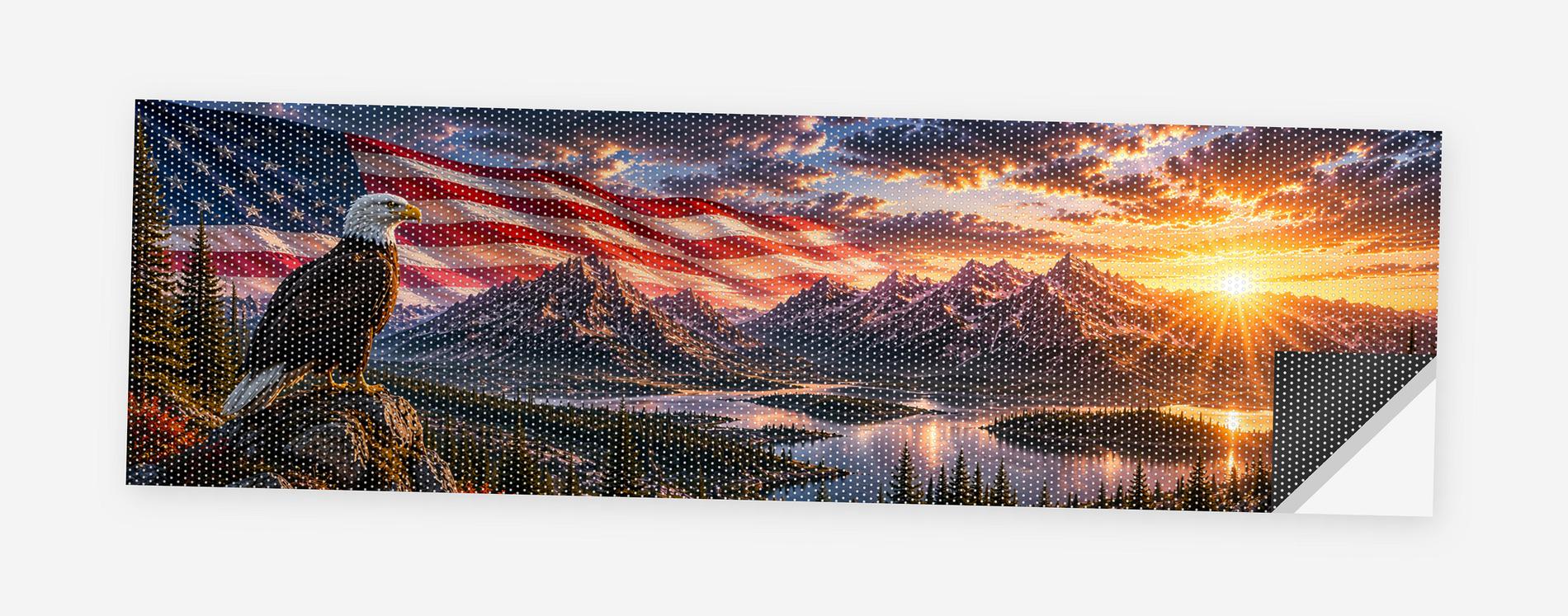Eagle Flag Mountain Lake 68 x 18.5 inch perforated vinyl truck decal printed flat on white, corner folded up showing the perforation pattern and liner