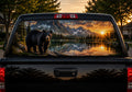 Black Bear Mountain Lake perforated rear-window decal installed on a pickup truck back glass
