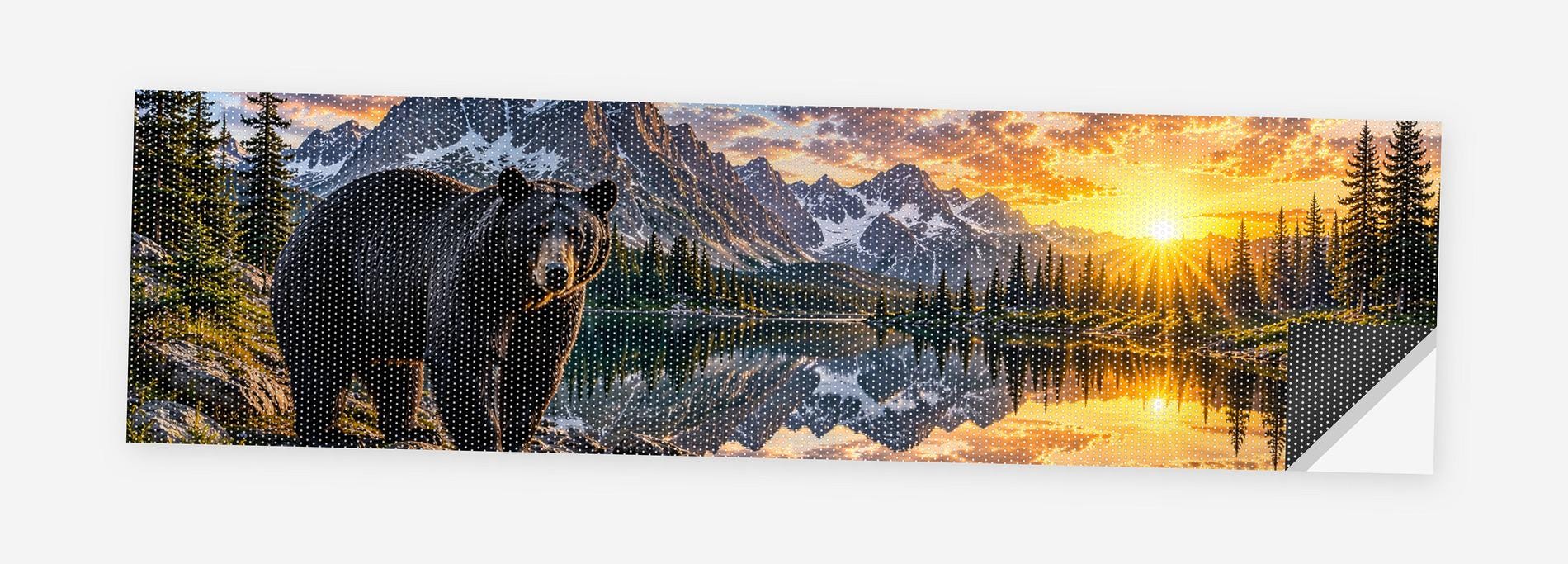 Black Bear Mountain Lake 68 x 18.5 inch perforated vinyl truck decal printed flat on white, corner folded up showing the perforation pattern and liner