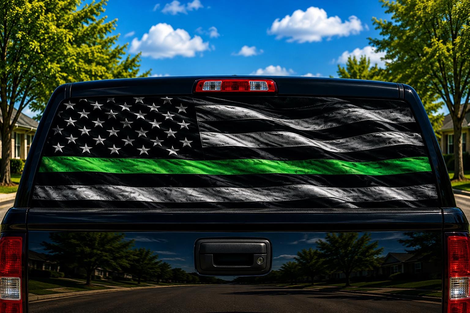 Thin Green Line Steel Flag perforated rear-window decal installed on a pickup truck back glass