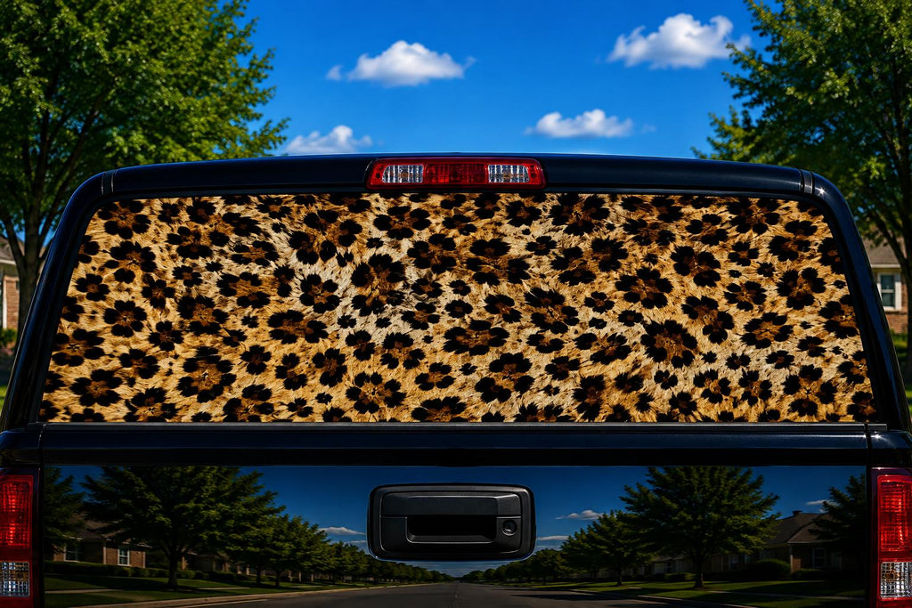 Leopard Print perforated rear-window decal installed on a pickup truck back glass