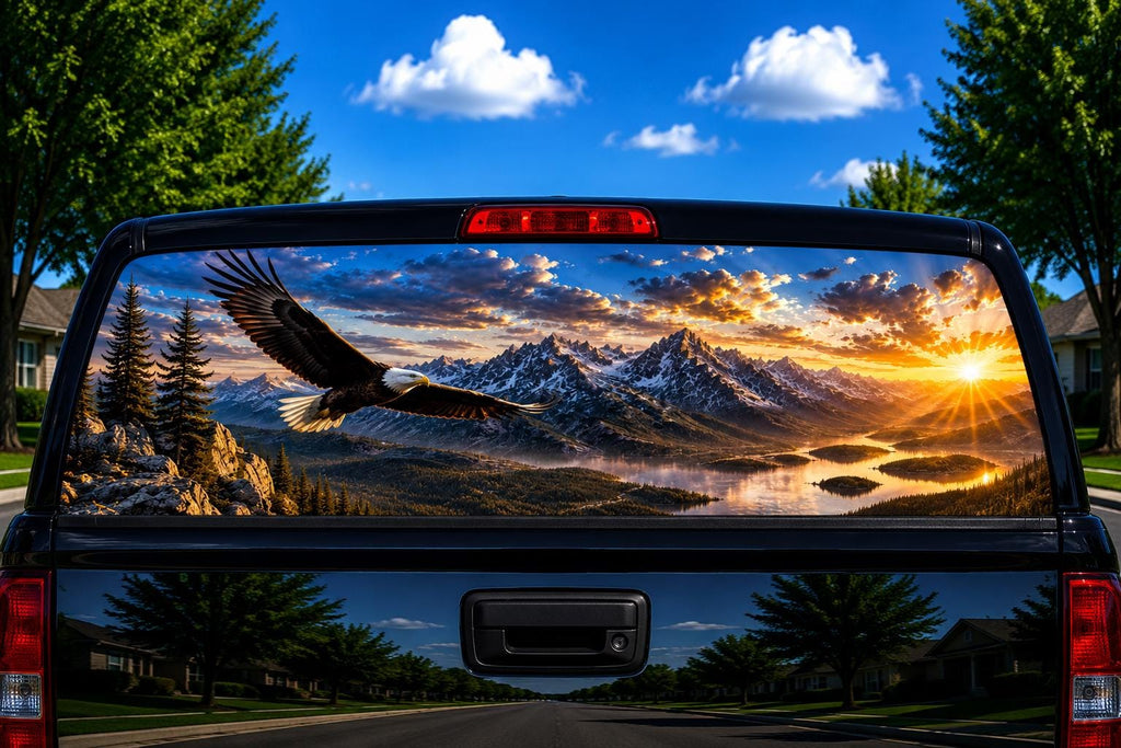 Soaring Eagle Sunrise perforated rear-window decal installed on a pickup truck back glass