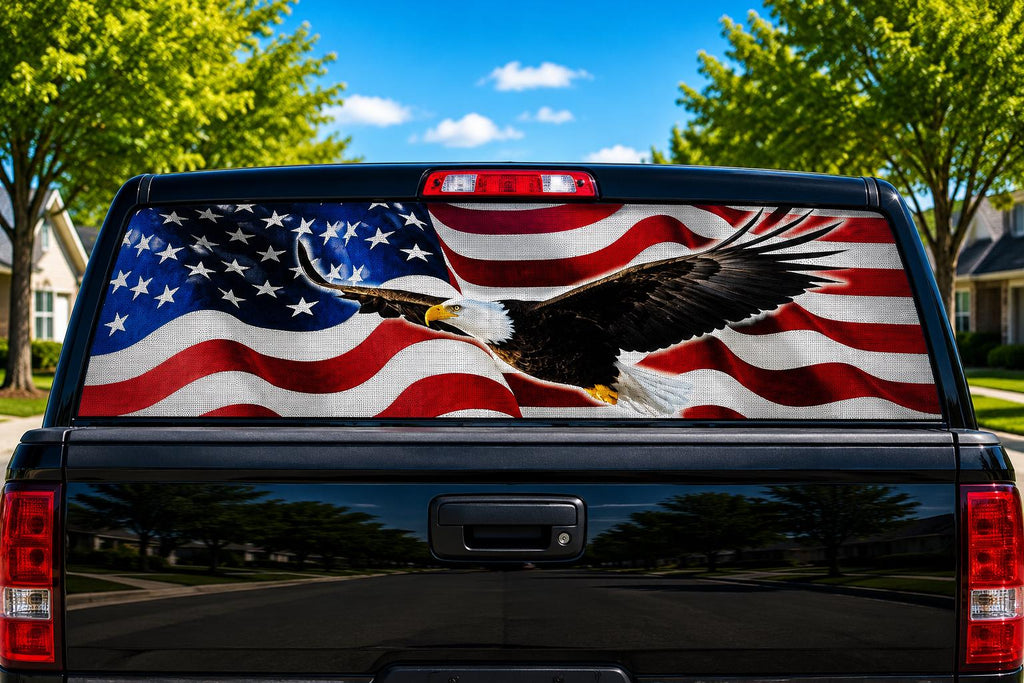 Eagle on the Flag Wave perforated rear-window decal installed on a pickup truck back glass