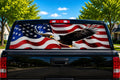 Eagle on the Flag Wave perforated rear-window decal installed on a pickup truck back glass