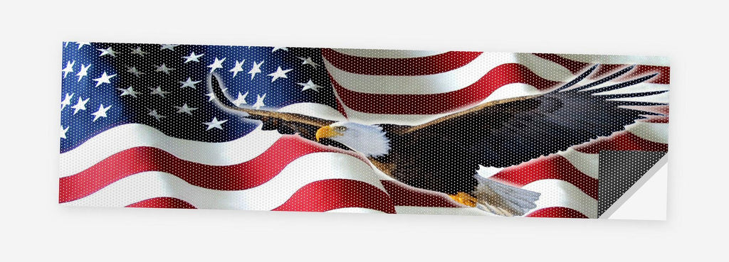 Eagle on the Flag Wave 68 x 18.5 inch perforated vinyl truck decal printed flat on white, corner folded up showing the perforation pattern and liner