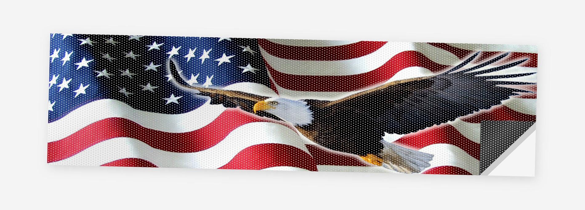Eagle on the Flag Wave 68 x 18.5 inch perforated vinyl truck decal printed flat on white, corner folded up showing the perforation pattern and liner