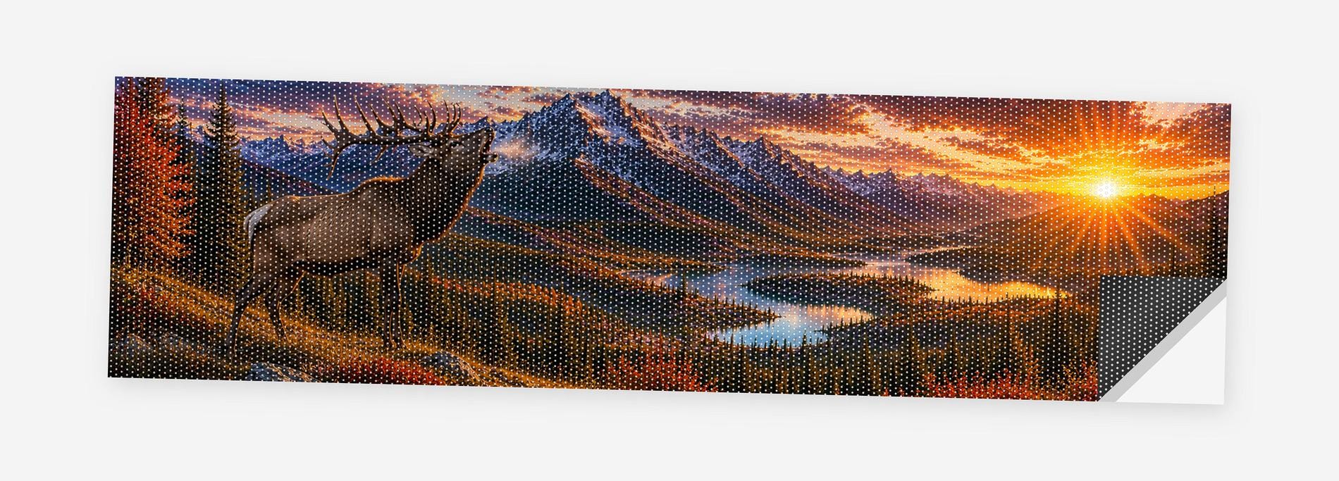 Elk Ridge Sunset 68 x 18.5 inch perforated vinyl truck decal printed flat on white, corner folded up showing the perforation pattern and liner