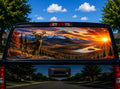 Whitetail Buck Sunset perforated rear-window decal installed on a pickup truck back glass