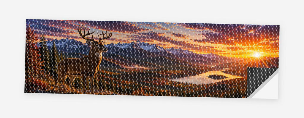 Whitetail Buck Sunset 68 x 18.5 inch perforated vinyl truck decal printed flat on white, corner folded up showing the perforation pattern and liner