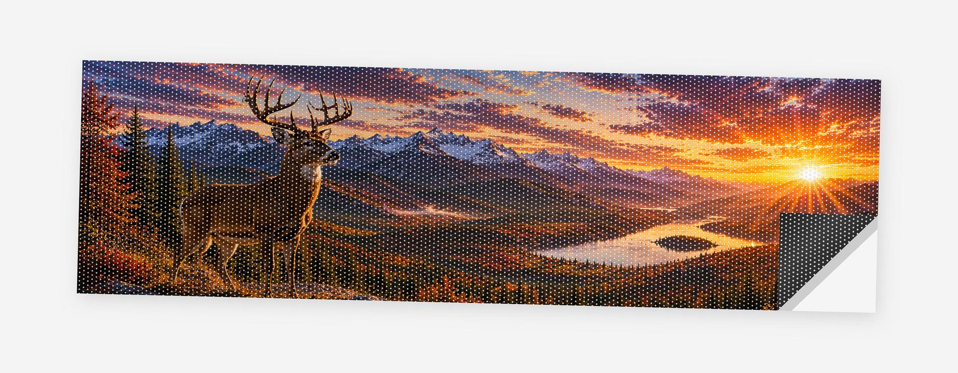 Whitetail Buck Sunset 68 x 18.5 inch perforated vinyl truck decal printed flat on white, corner folded up showing the perforation pattern and liner