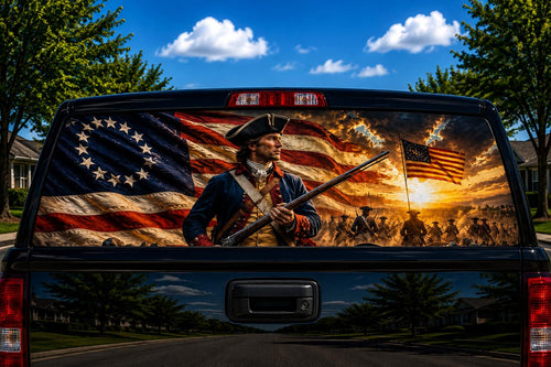1776 Patriot Flag perforated rear-window decal installed on a pickup truck back glass