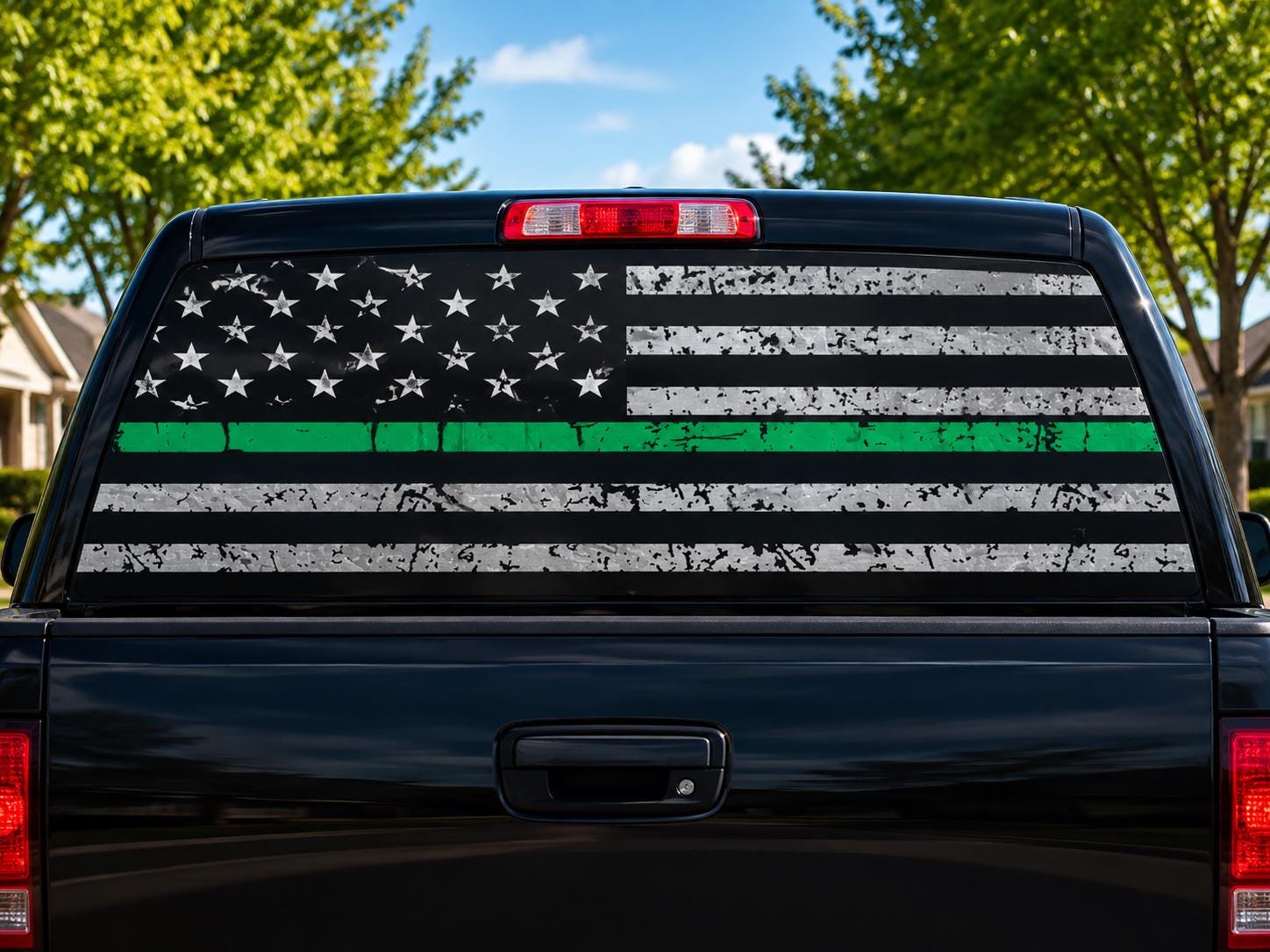 Thin Green Line Military Flag perforated rear-window decal installed on a pickup truck back glass