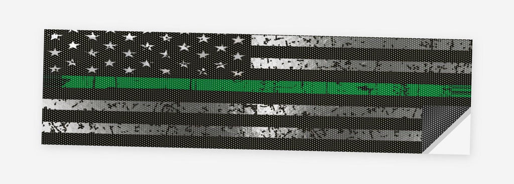 Thin Green Line Military Flag 68 x 18.5 inch perforated vinyl truck decal printed flat on white, corner folded up showing the perforation pattern and liner