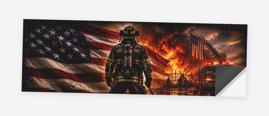 Firefighter Tribute Flag 68 x 18.5 inch perforated vinyl truck decal printed flat on white, corner folded up showing the perforation pattern and liner