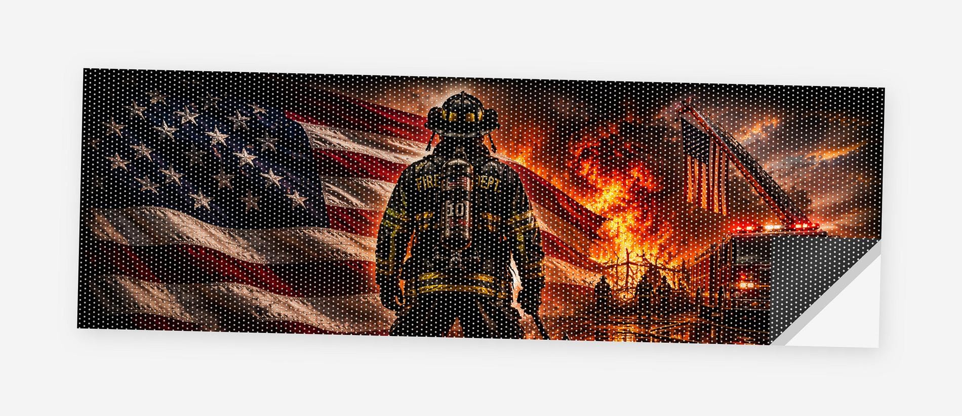Firefighter Tribute Flag 68 x 18.5 inch perforated vinyl truck decal printed flat on white, corner folded up showing the perforation pattern and liner