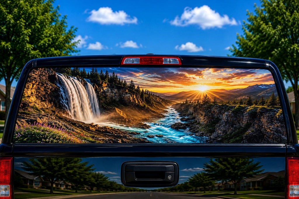 Canyon Waterfall Sunrise perforated rear-window decal installed on a pickup truck back glass