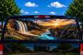 Canyon Waterfall Sunrise perforated rear-window decal installed on a pickup truck back glass