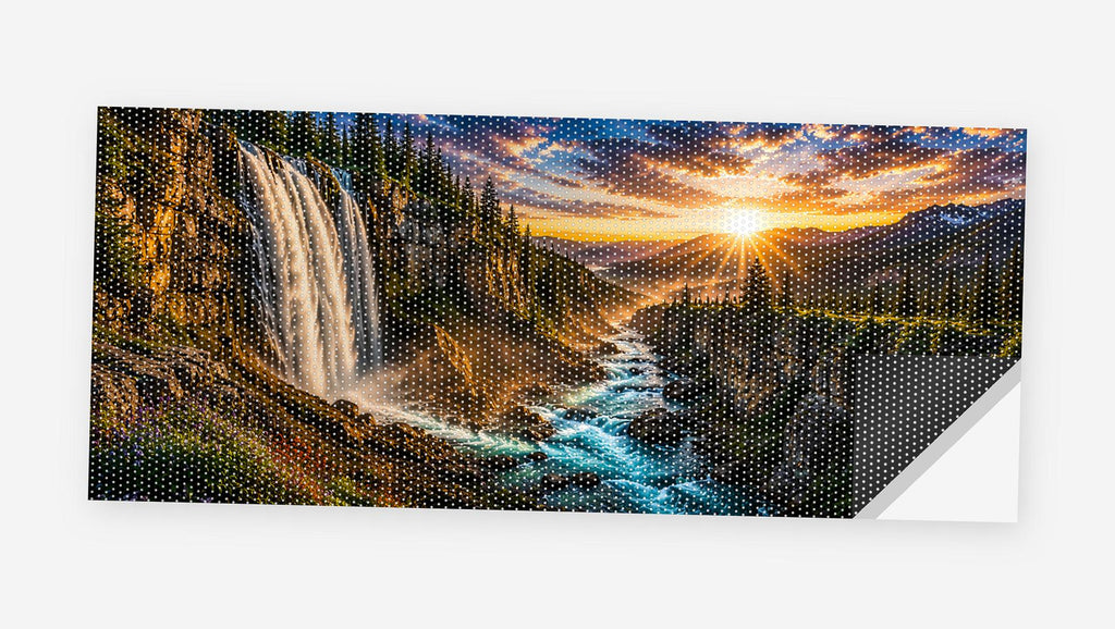 Canyon Waterfall Sunrise 68 x 18.5 inch perforated vinyl truck decal printed flat on white, corner folded up showing the perforation pattern and liner