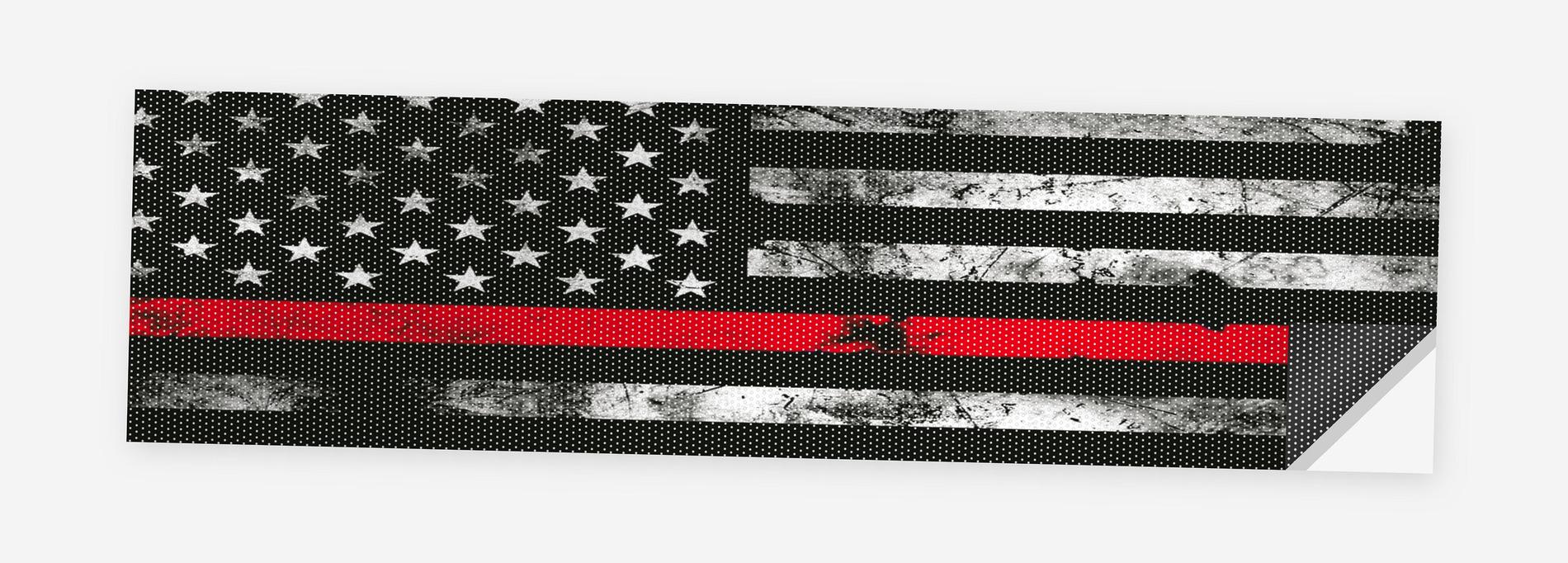 Thin Red Line Flag 68 x 18.5 inch perforated vinyl truck decal printed flat on white, corner folded up showing the perforation pattern and liner