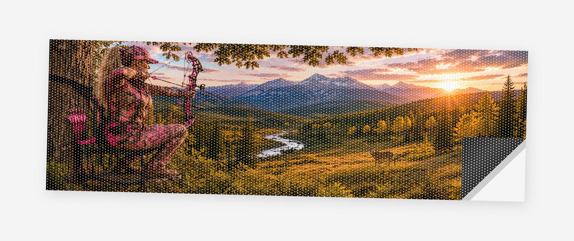 Country Girl Bowhunter 68 x 18.5 inch perforated vinyl truck decal printed flat on white, corner folded up showing the perforation pattern and liner