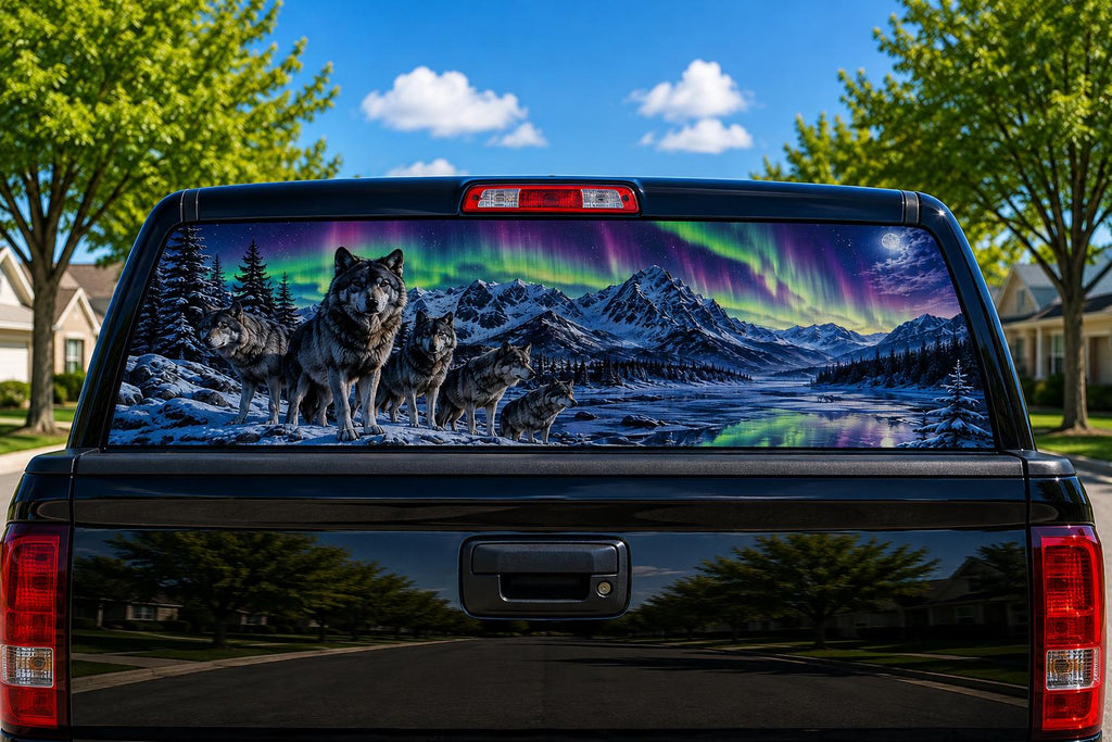 Wolves Under the Aurora perforated rear-window decal installed on a pickup truck back glass