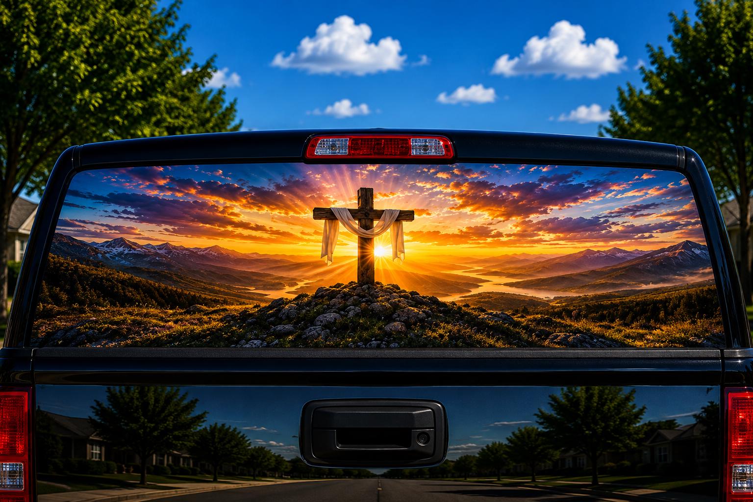 Cross on the Hill perforated rear-window decal installed on a pickup truck back glass