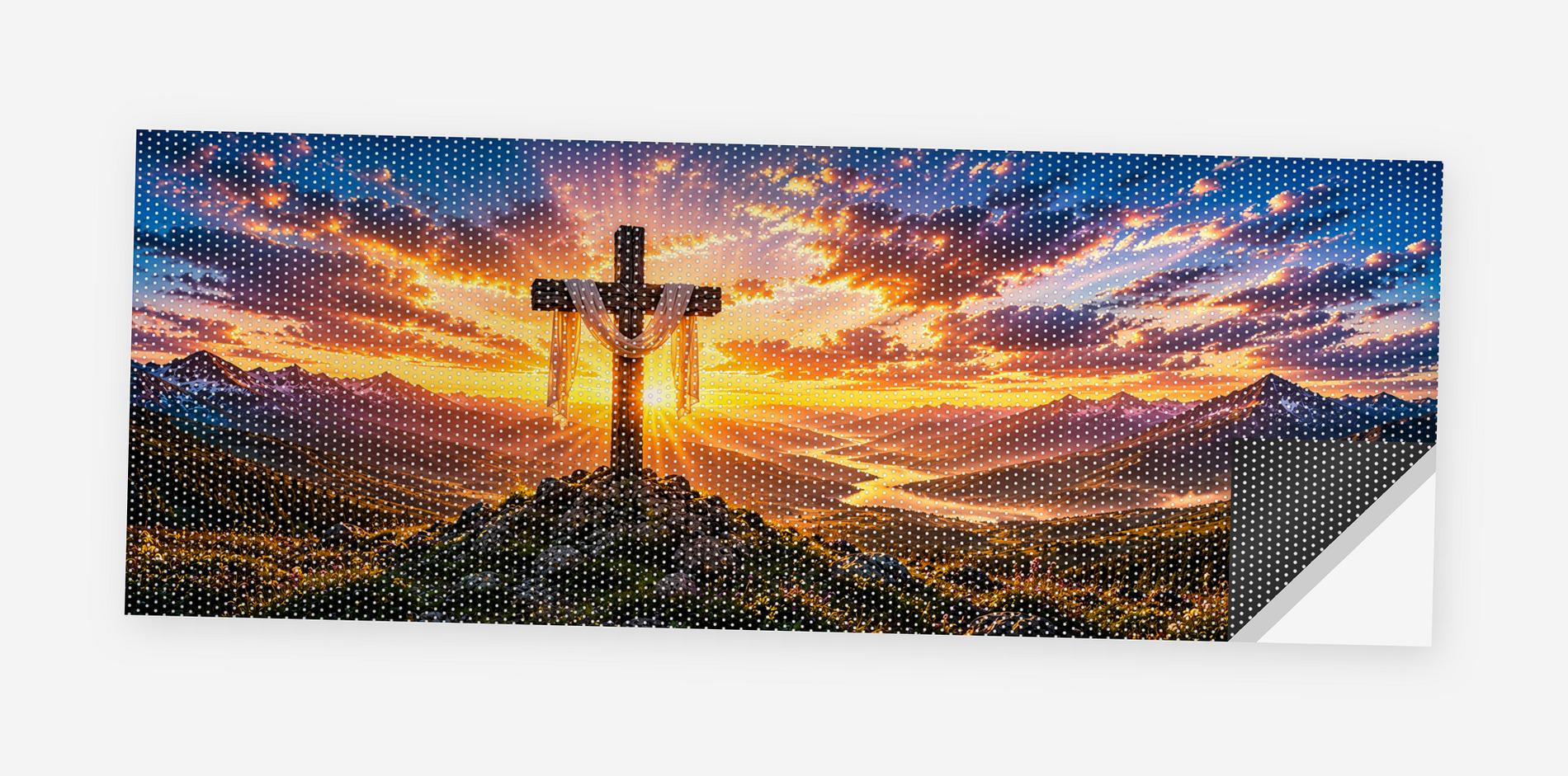 Cross on the Hill 68 x 18.5 inch perforated vinyl truck decal printed flat on white, corner folded up showing the perforation pattern and liner