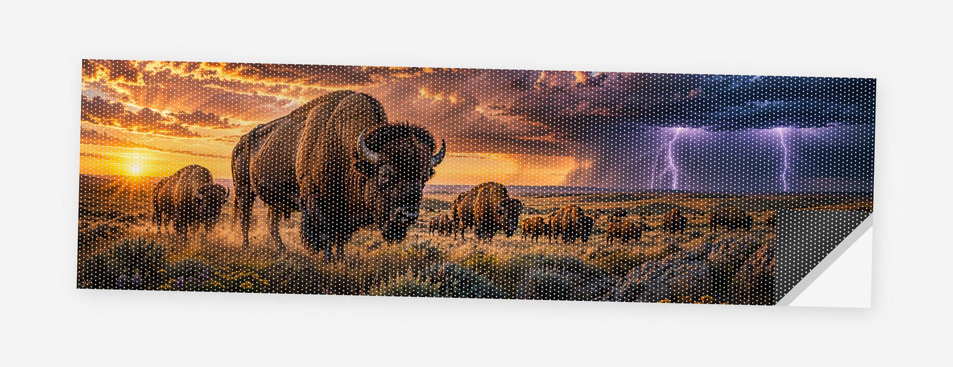 Buffalo Thunder Plains 68 x 18.5 inch perforated vinyl truck decal printed flat on white, corner folded up showing the perforation pattern and liner