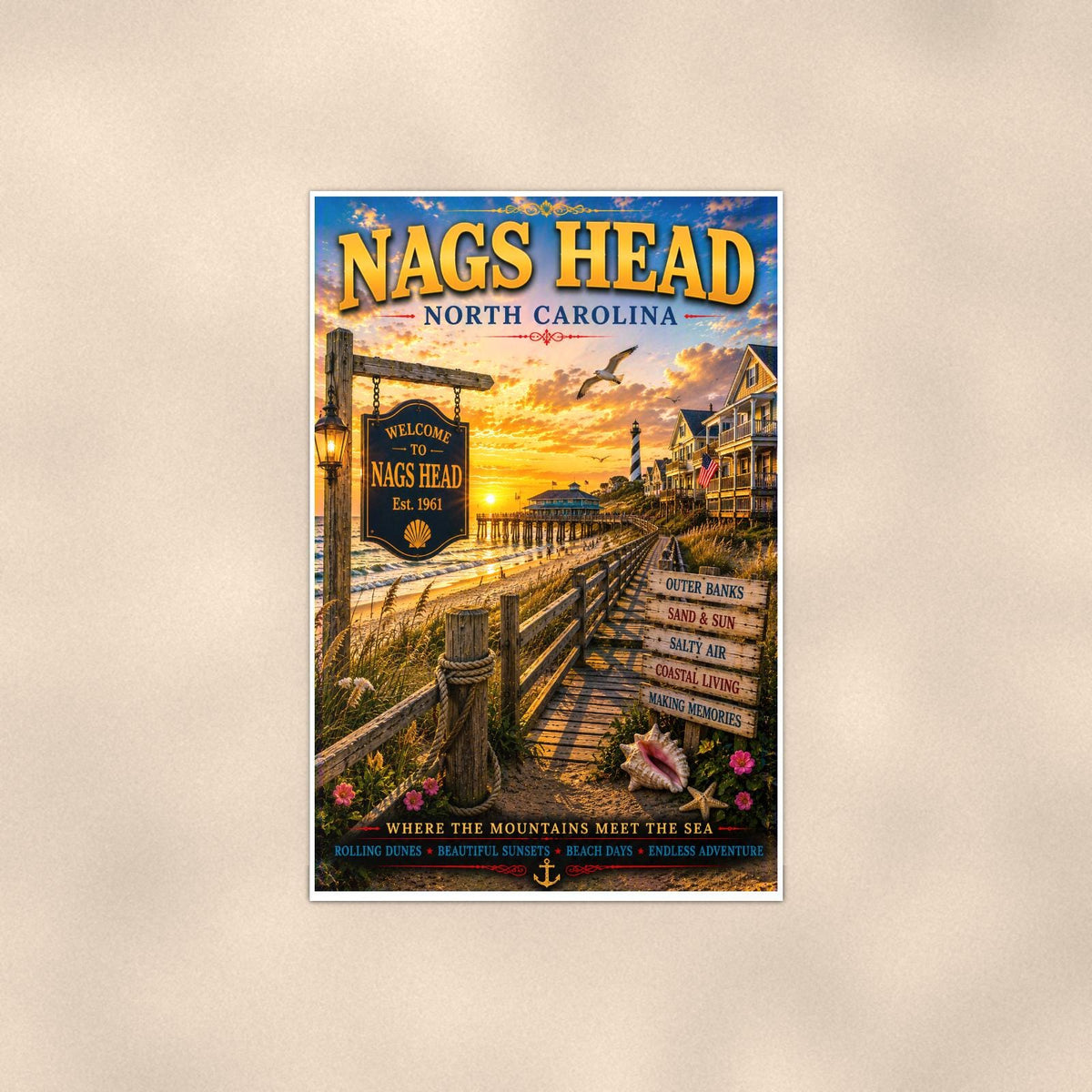 Nags Head — 24x36 in art print poster, premium luster paper with a white border; poster shown straight on against a warm wall.