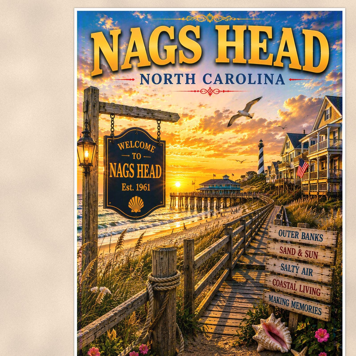 Nags Head — 24x36 in art print poster, premium luster paper with a white border; close-up framed on the main subject of the artwork, paper surface visible.