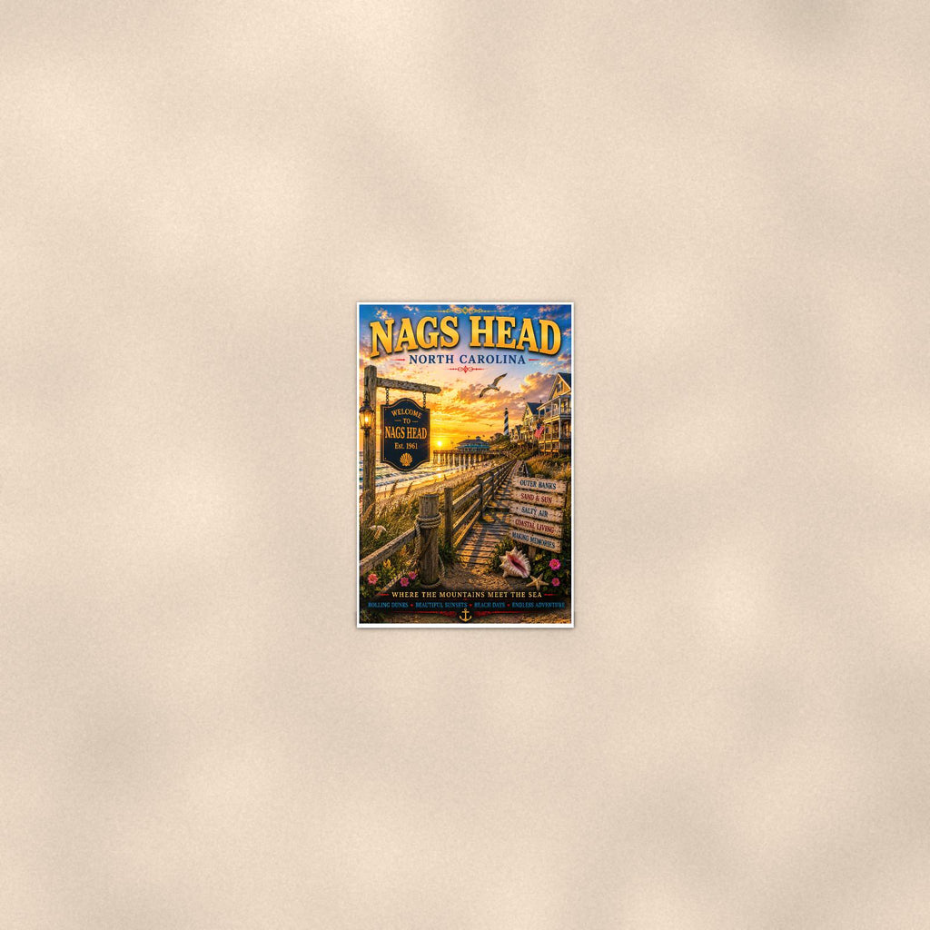 Nags Head — 24x36 in art print poster, premium luster paper with a white border; poster seen from further back, at true 24x36 in scale on a warm wall.