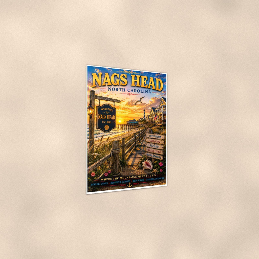 Nags Head — 24x36 in art print poster, premium luster paper with a white border; gentle three-quarter angle on a warm wall, showing the flat paper edge.