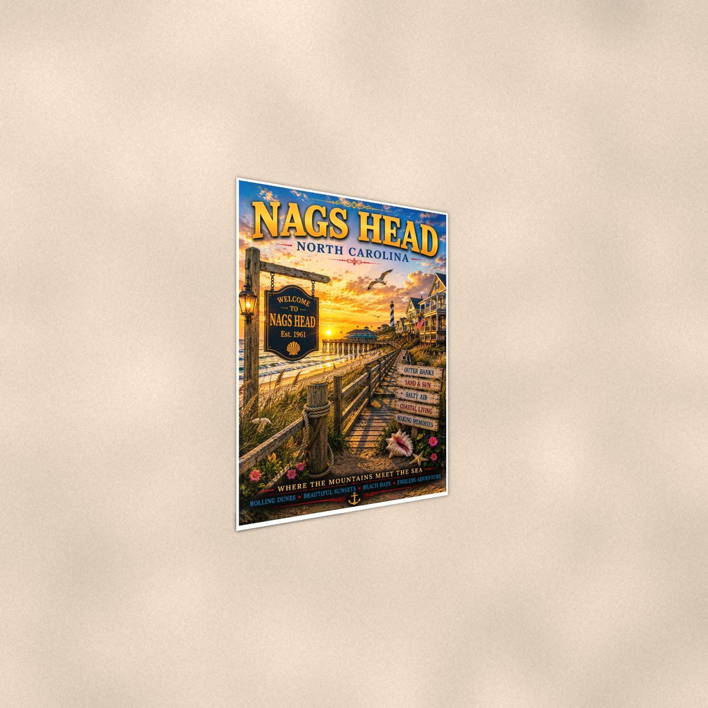 Nags Head — 24x36 in art print poster, premium luster paper with a white border; steeper three-quarter angle on a warm wall, catching the luster sheen.