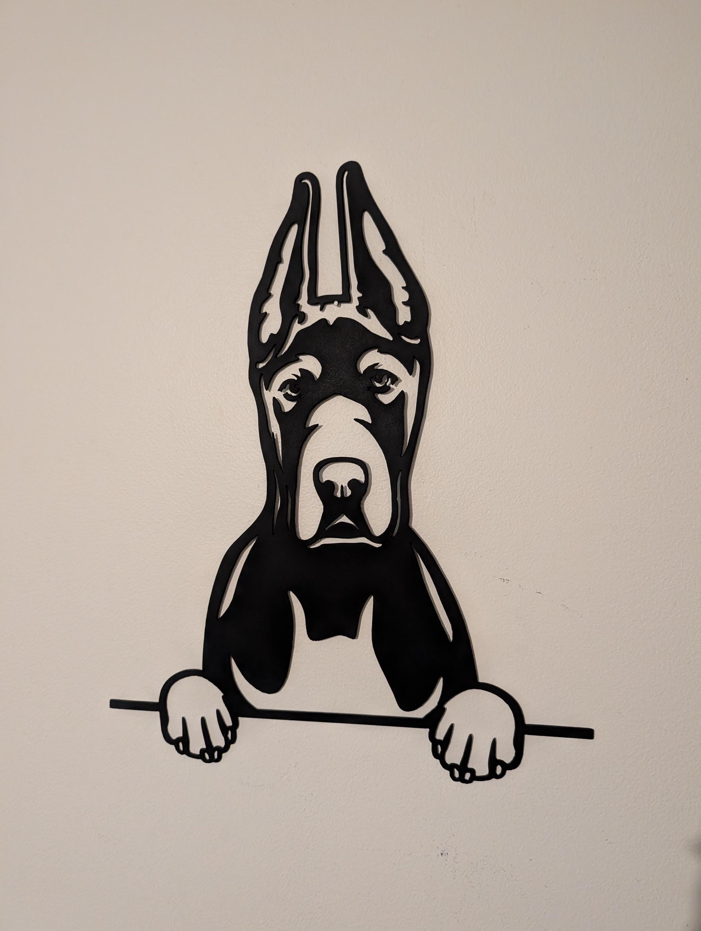 Cropped Ear Great Dane plasma-cut 14-gauge steel dog sign - real photo, straight-on view hanging on a white wall.