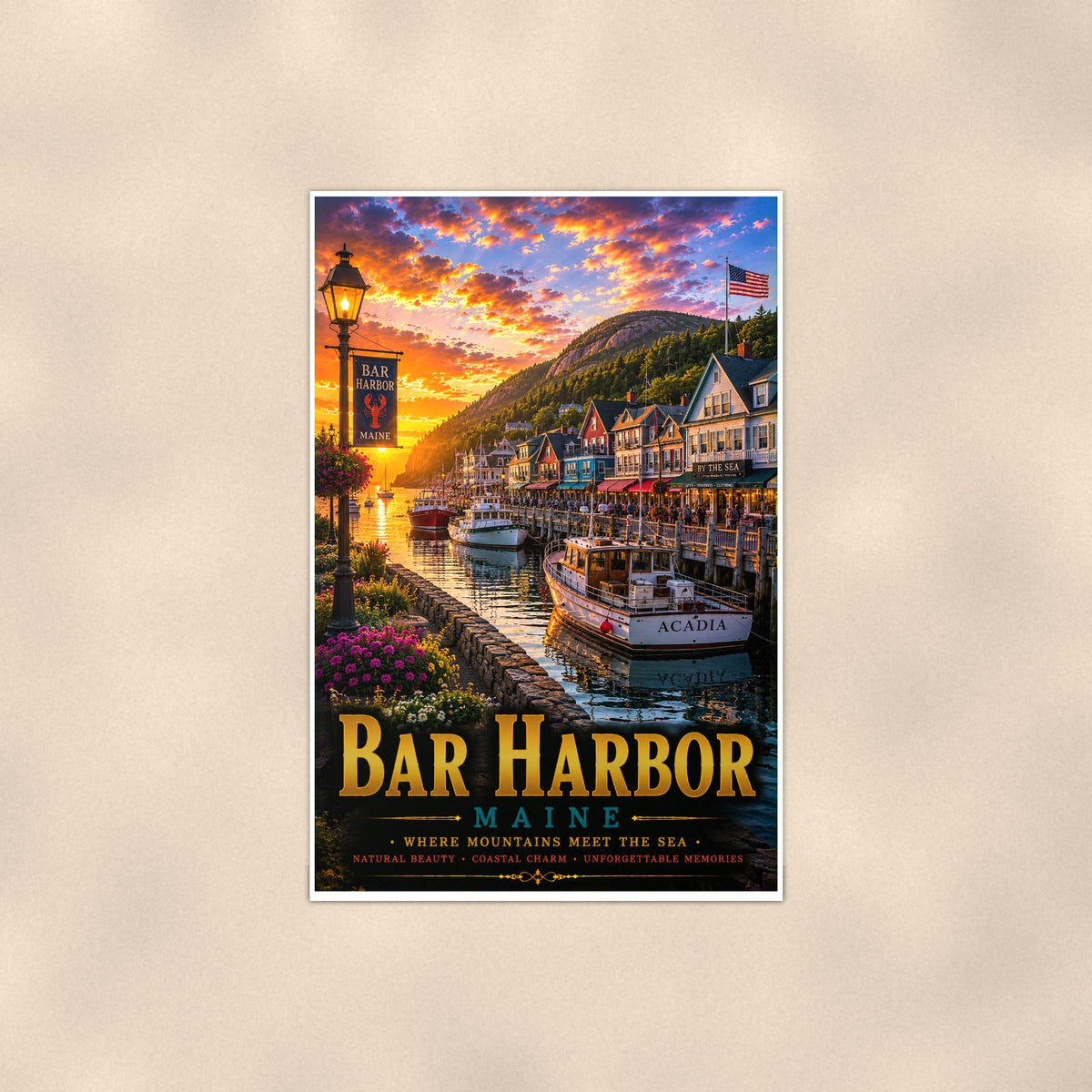 Bar Harbor — 24x36 in art print poster, premium luster paper with a white border; poster shown straight on against a warm wall.