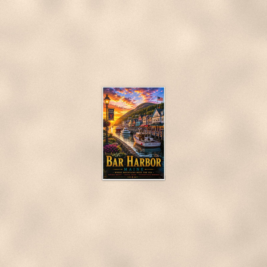 Bar Harbor — 24x36 in art print poster, premium luster paper with a white border; poster seen from further back, at true 24x36 in scale on a warm wall.