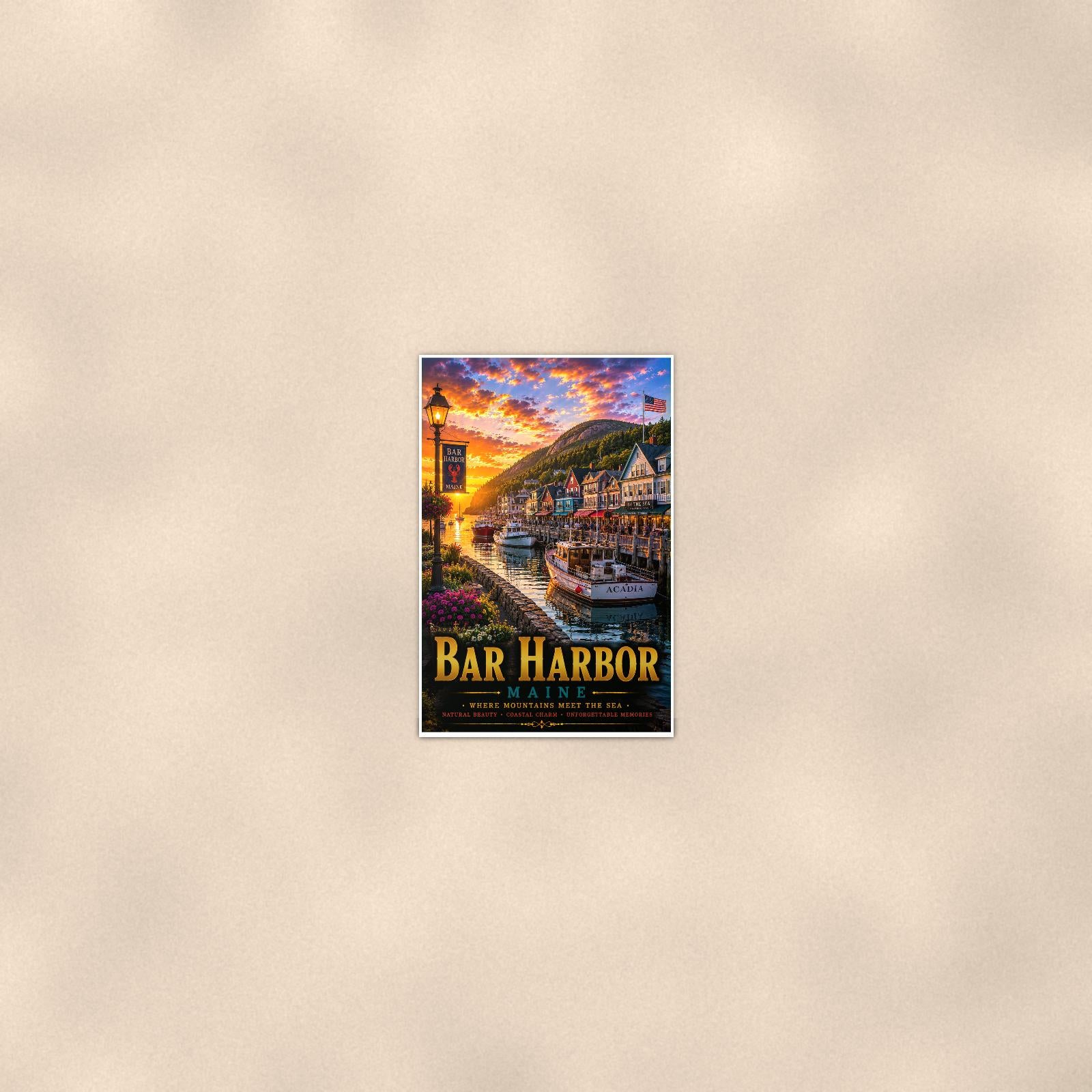 Bar Harbor — 24x36 in art print poster, premium luster paper with a white border; poster seen from further back, at true 24x36 in scale on a warm wall.