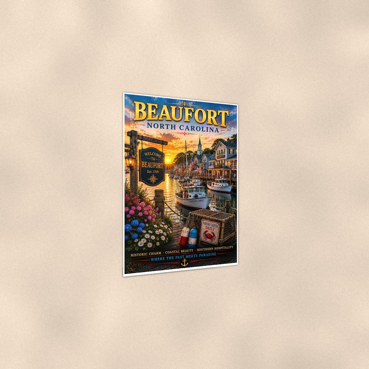 Beaufort — 24x36 in art print poster, premium luster paper with a white border; gentle three-quarter angle on a warm wall, showing the flat paper edge.