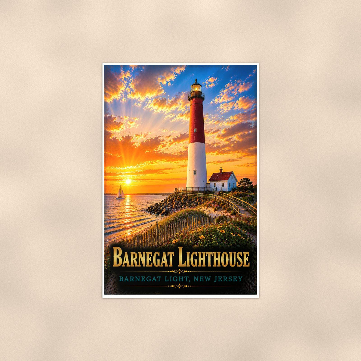 Barnegat Lighthouse — 24x36 in art print poster, premium luster paper with a white border; poster shown straight on against a warm wall.